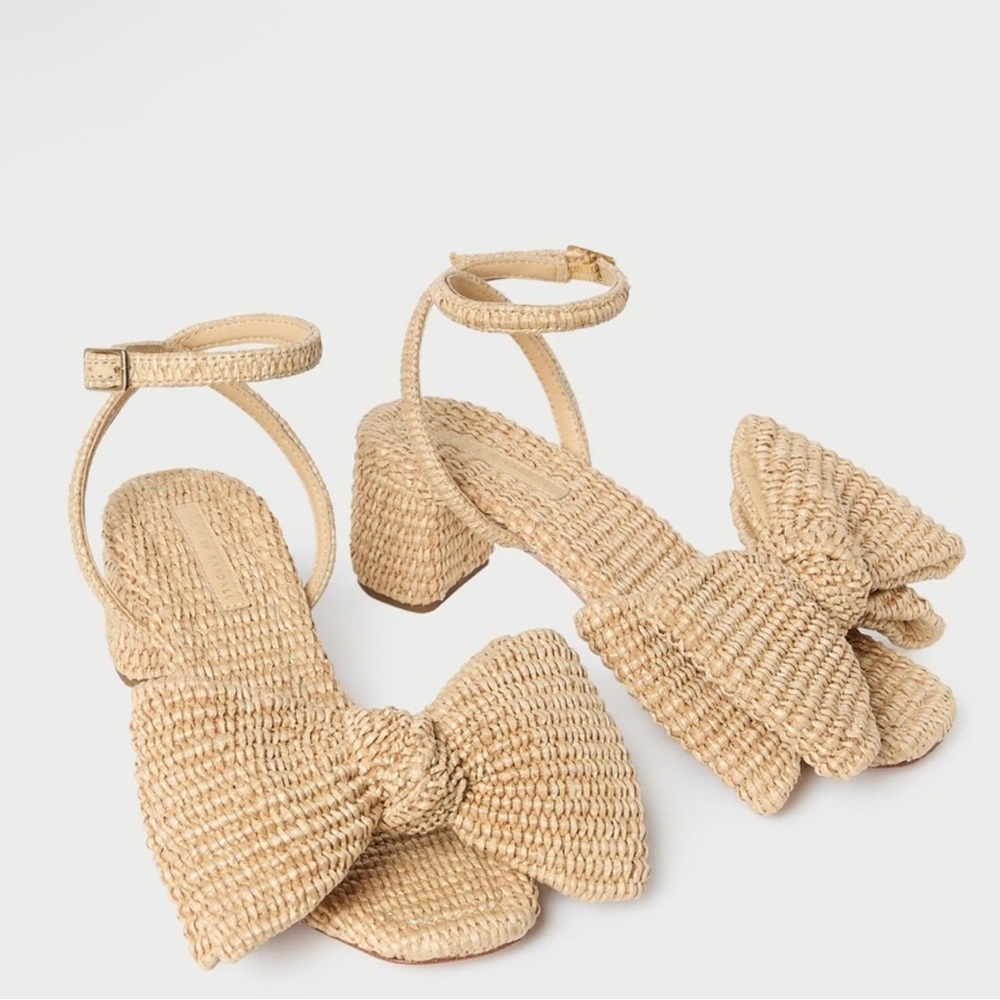 Loeffler Randall Carmen Bow Natural Raffia Mid Heel Sandals 7